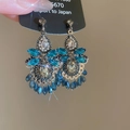 Bohemian tassel earrings with deep blue crystals and silver needles on dark card - Blue (26#)