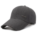 Dark grey baseball cap for men featuring a metallic SPORT tag and textured fabric - Long Label / Dark Gray