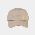 Detailed view of beige washed baseball cap with distressed finish and white embroidery - Khaki
