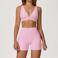 Ensemble de yoga 2 pièces rose pour femme avec brassière col V et short taille haute - S / Soutien-gorge + Short / Rose Sakura