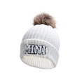 Close-up of white ribbed knit beanie with MINI embroidery and brown faux fur pom-pom - Kids (2-6Y) / MINI Style / White