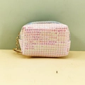 Pink sequin mini coin purse with checkered pattern and metallic gold keychain ring - Pink