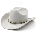 Detail of light grey suede cowboy hat with braided beaded band and stitched brim edge - M (56-58cm) / Light Gray