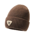 Brown knit beanie for women with warm ribbed texture and vintage leather patch logo - One Size / Light Coffee