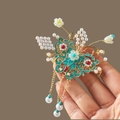 Chinese vintage gold hair clip with green enamel cloud motif, pearls and tassels - F0444 Pearl Butterfly
