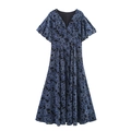 Abito lungo in denim blu scuro con scollo a V, ricami floreali e maniche a sbuffo - S / Blu scuro