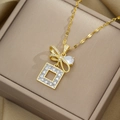 Elegant gold bow necklace with zircon pear and square pendants in a beige jewelry box - Bowknot Square Pendant Necklace (361)