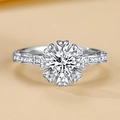 Silver flower moissanite ring with a round center stone and sparkling side zircons - 2 Carat (8mm) White Gold Ljz-151 / Adjustable Open