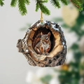 Realistic squirrel in snowy tree hollow 2D acrylic Christmas tree ornament with gold cord - Squirrel