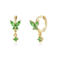 Gold-tone butterfly hoop earrings with vibrant green zircon stones and round pendants - Green