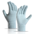 Winter light blue knitted gloves for women with alpaca wool and touch screen fingertips - Vertical Stripe / Light Blue