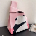 Pink knitted tote bag with panda pattern and knot closure handle for casual use - Pink Back-Facing Bear