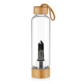 Bamboo glass water bottle with natural black crystal hex column and portable handle strap - Obsidian Crystal Bottle