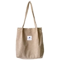 Khaki corduroy tote bag with blue leaf print patch and gold buckle accents - Milk Coffee