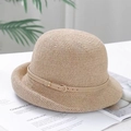 Beige woven straw bucket hat with delicate leather belt buckle decoration for women - Belt Buckle Decoration / Khaki