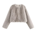 Close-up of grey faux fur jacket showing high-quality plush texture and round neck detail - XS / Apricot