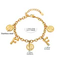 Gold-plated stainless steel chain bracelet with Elizabeth II coins and letter F charms - Gold-Letter F