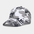 Detail view of camouflage baseball cap featuring a six-panel cotton twill construction - Adjustable / Grey Camouflage