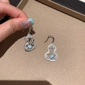 Detail of silver gourd earrings featuring blue gemstones and pearls on a beige tray - Hollow Gourd Inlaid Hook Earrings(WE4833-WN1729)