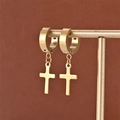 Detail of 18K gold-plated cross hoop earrings displayed on a metallic jewelry stand - Gold (B-3)