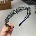 Detailed close-up of double-layered blue crystal headband with hand-set beads - Model B Double Row / Model B Double Row Blue