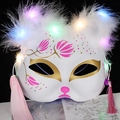 LED luminous fox mask with white feathers and pink floral patterns for parties - Luminous Feizixiao