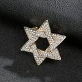 Detailed close-up of a golden hexagonal star brooch with sparkling crystals on black leather - Hexagram Star Gold