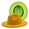 Close-up of stylish wide brim fedora hat in vibrant yellow and green two-tone wool felt - M (56-58cm) / Yellow + Fruit Green