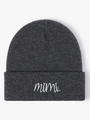 Dark grey knitted beanie with white mimi embroidery in a minimalist winter casual style - Dark Gray