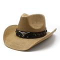 Classic straw cowboy hat with black leather band and silver bull head emblem on white backdrop - M (56-58cm) / Khaki