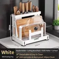 White kitchen organizer rack with knife holder, cutting board stand and drain tray - Moonlight White / Thickened Countertop