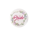 Floral bachelorette party badge featuring Bride text with pink flowers and diamond - Purple Pink Wreath Bride