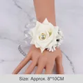 White bridal wrist corsage with rose, crystal diamond and silver ribbons for weddings - 1 Piece / White