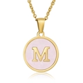 18K gold stainless steel necklace with round pink shell pendant and gold letter M - Gold M (With Chain)