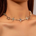 Long beaded chain necklace with star pendants and asymmetrical grey white pearls - Silver-tone Star Mixed Color Artificial Pearl Style (01 White-0776) / Silver