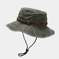 Close-up of washed canvas outdoor hat with leather strap buckle and mountain embroidery - One Size / Army Green