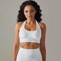White seamless knitted halter sports bra and high-waisted leggings set for yoga and fitness - Cream