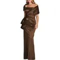 Elegant dark brown satin fishtail evening gown with off-shoulder cut and waist bow - US Size 4 (S) / Top And Bottom / Dark Brown