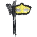 Yellow sequin masquerade mask with a large black lace butterfly and handheld wand - Side Butterfly Tassel Handheld Style / Yellow