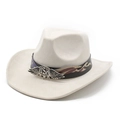 Close-up of cream faux suede cowboy hat with USA metal eagle shield on leather band - M (56-59cm) / Beige (Suede)