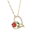 Golden heart necklace featuring a red enamel rose and sparkling zircon stones - 9060 Gold Rose Heart