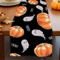 Close-up of Halloween linen table runner with orange pumpkins and ghost patterns - Style 7-Black Background Pumpkin Ghost BOO