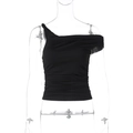Detail of black one-shoulder cropped top with side ruching in stretchy knit fabric - S / Black