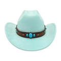 Light blue felt western cowboy hat with brown leather band and turquoise stone details - One Size / Emerald Green