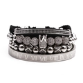 Herren Retro Mehrschicht-Armband-Set mit schwarzem Seil und Kronenanhänger in Silber-Optik - Weißgold