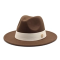 Detail of a brown wool fedora hat with a beige band and a gold metal M logo detail - Coffee
