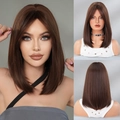 Brown mid-length straight wig with curtain bangs in a soft synthetic fiber finish - Cocoa Brown (16 Inch)