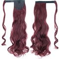 Wine red wavy ponytail hair extension with velcro wrap shown in front and back views - Black Cherry