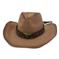 Detail of western straw cowboy hat with leather band and bronze bull head emblem - Camel (Bull Head Decor)