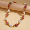 Detail of vintage flower necklace with baroque pearls and pink beads in gold setting - Necklace - Gold